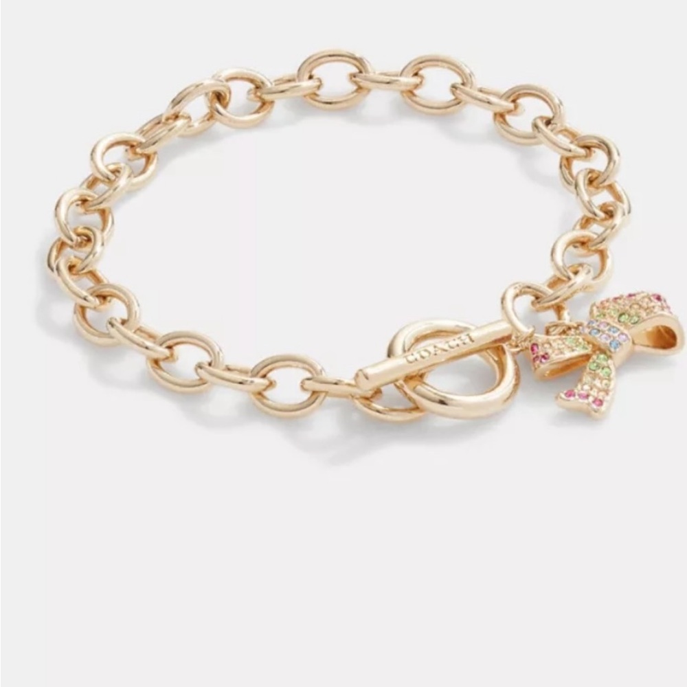 Coach Bow Pave Gold Tone Chain Link Bracelet NWT